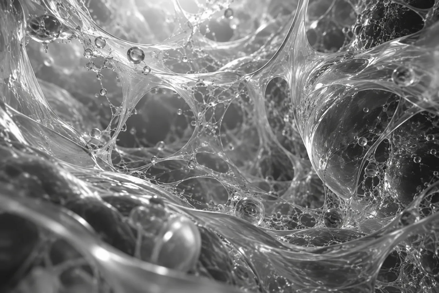 Rendu du tissu fascial : un réseau de fibres translucides et de gouttelettes d'eau.